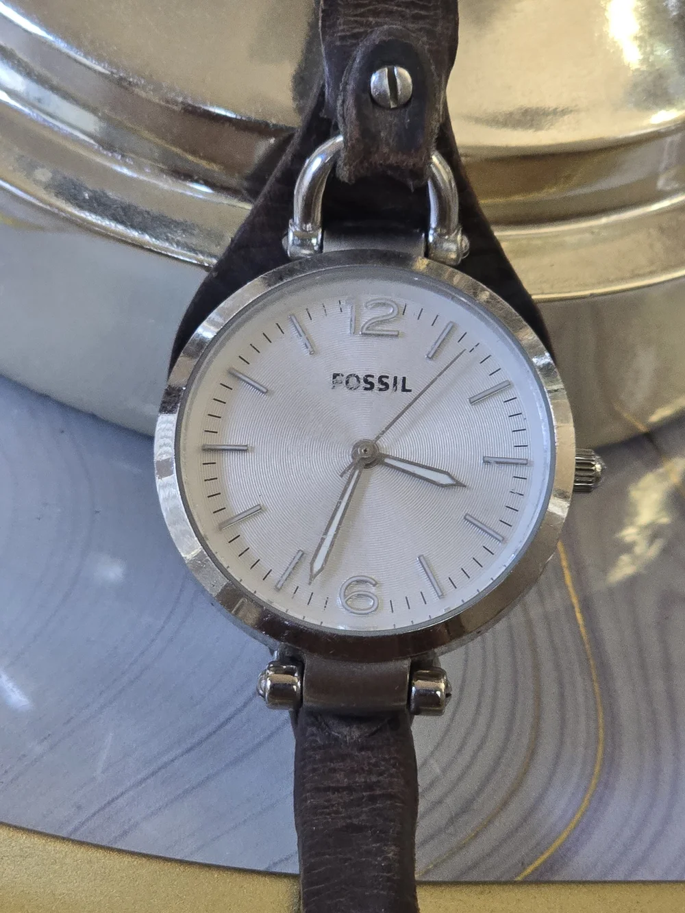 Fossil Women’s Silver Dial Brown Leather Strap Watch